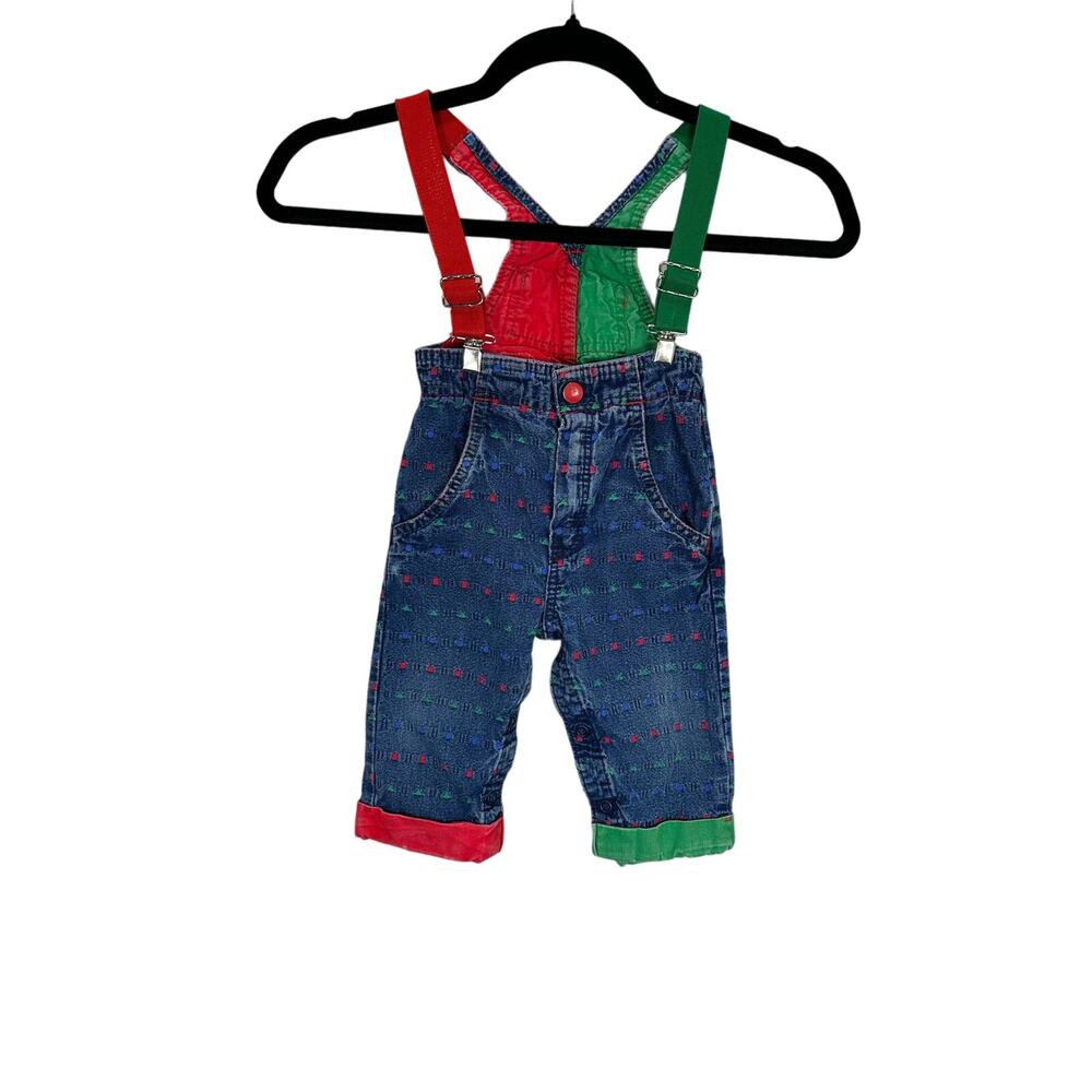 Vintage Oshkosh B’Gosh Vestbak Denim Overalls Suspenders Red Green 12 Months